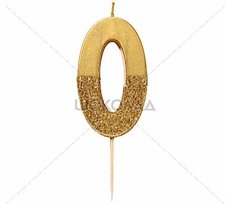 торт Свеча для торта золотая с блестками "№0"