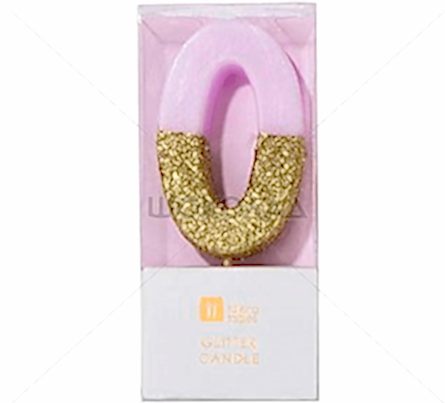 торт Свеча для торта розовая с блестками "№0"