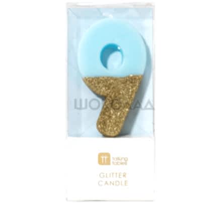 торт Свеча для торта голубая с блестками "№9"