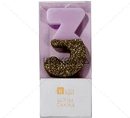 торт Свеча для торта розовая с блестками "№3"