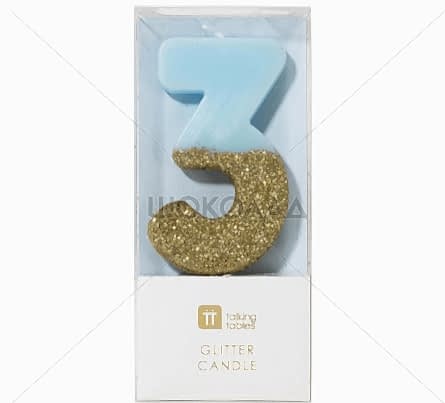 торт Свеча для торта голубая с блестками "№3"